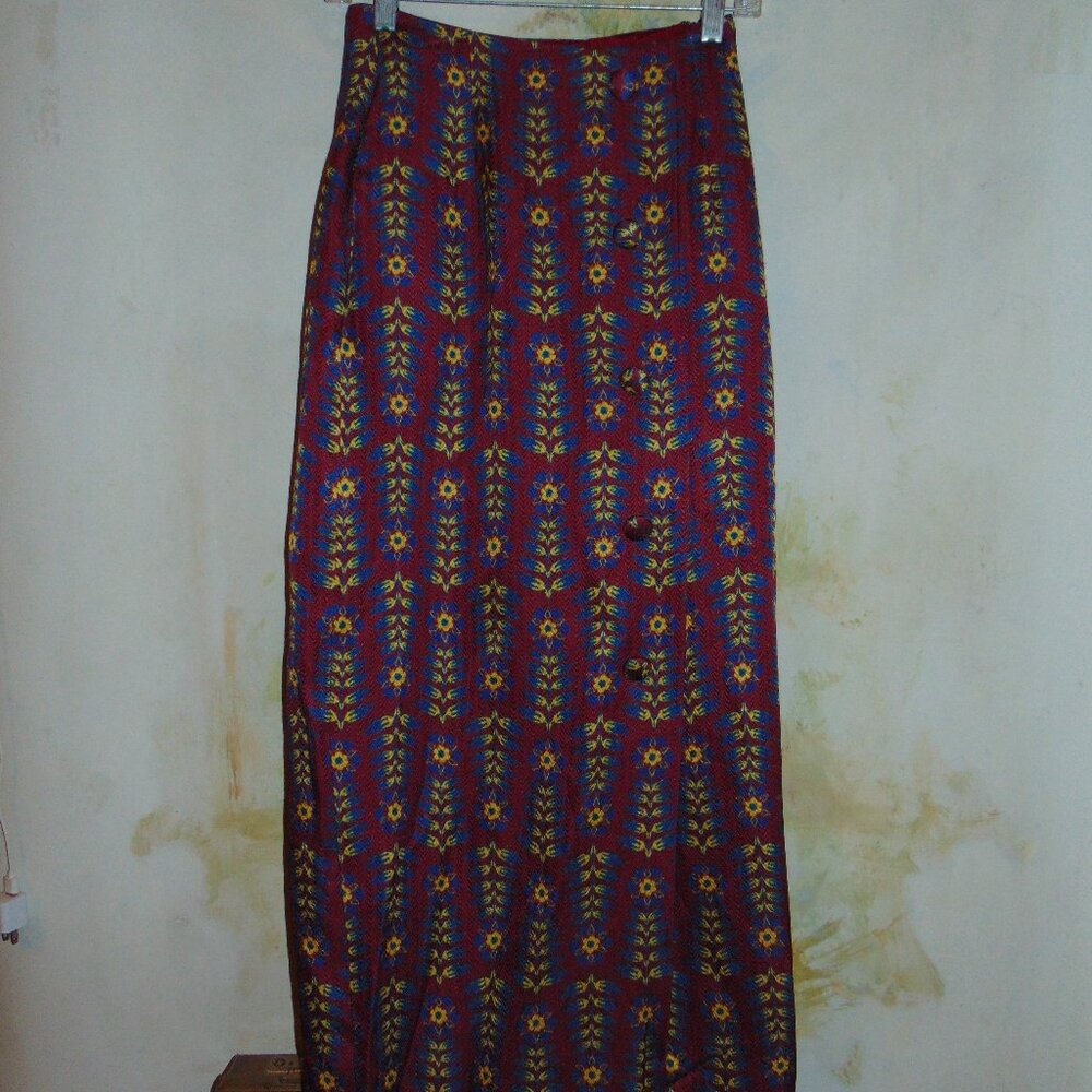 Rebecca De Ravenel Silk Woven Floral Slit Side Maxi Skirt High Waisted Boho S